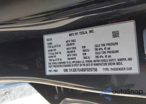 2025 Tesla Model 3 Long Range Rear-Wheel Drive из США, поврежденный, VIN 5YJ3E1EA8SF029756